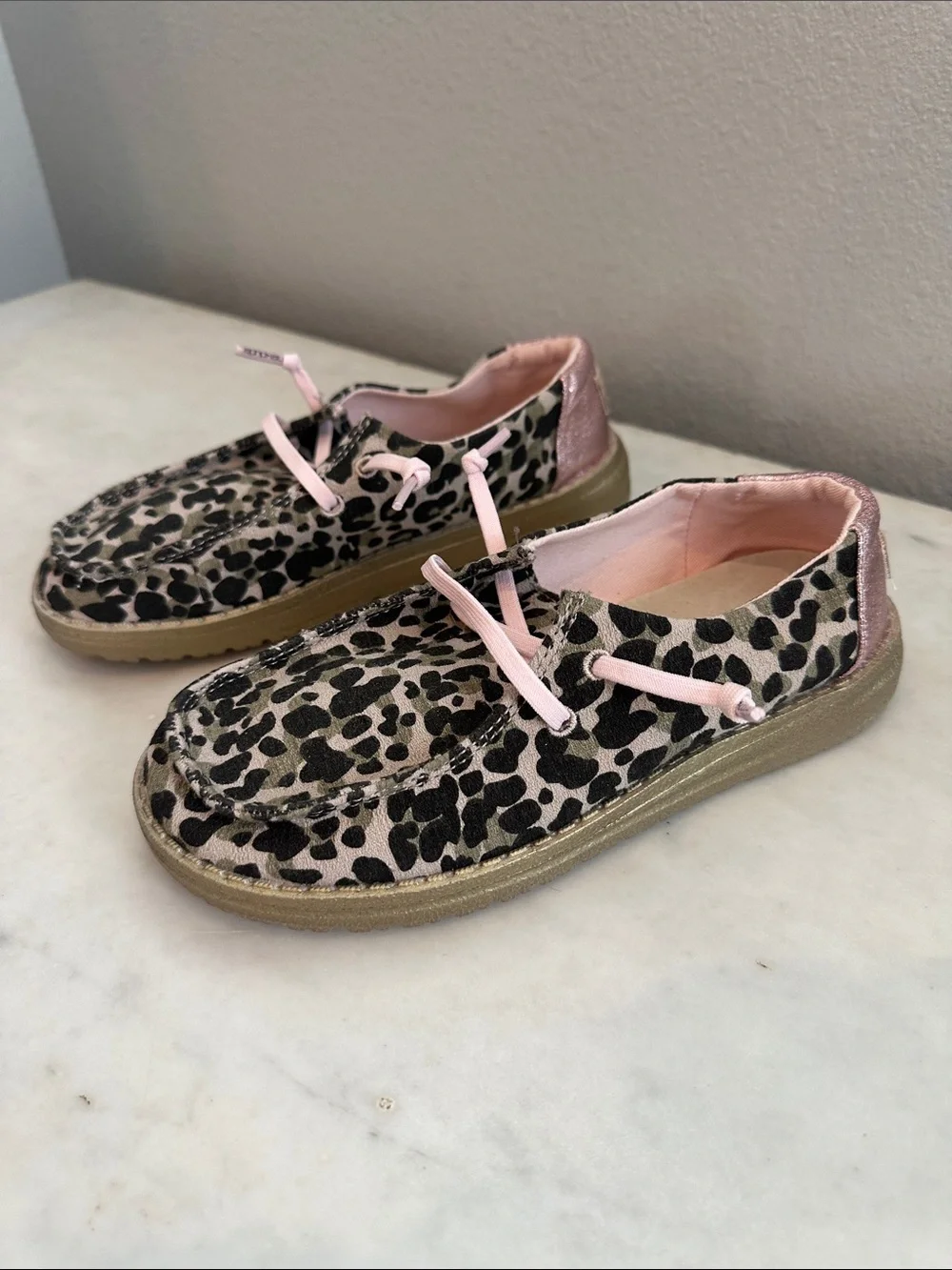 Hey Dude Kids Leopard Print Slip-On Moccasins with Pink Trim